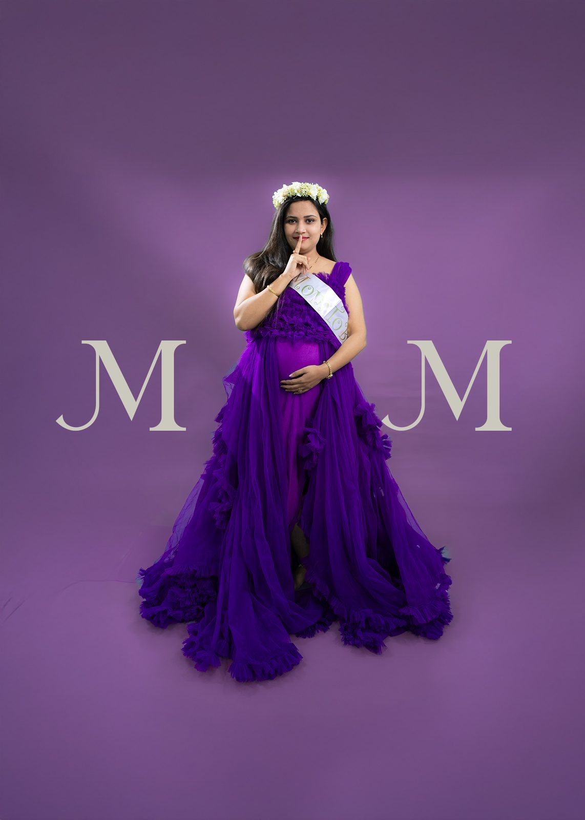 Solo maternity portrait in purple ruffle gown with MOM typography